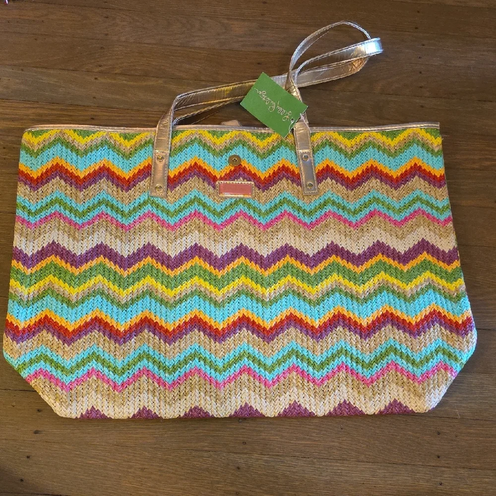 Lilly Pulitzer Multicolor Spring Fling Straw Chevron Tote. NEW - Picture 2 of 11